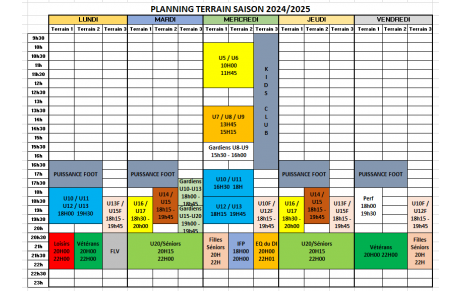 Horaires des entraînements de la saison 2024/2025